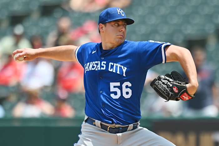 Jun 1, 2022; Cleveland, Ohio, USA; Kansas City Royals starting pitcher Brad Keller (56) throws a pitch during the first inning against the Cleveland Guardians at Progressive Field. Mandatory Credit: Ken Blaze-USA TODAY Sports